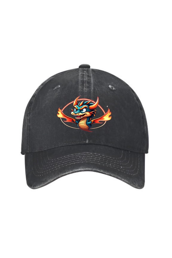 Vintage Cotton Washed Distressed Baseball Cap - Colorful Cartoon Dragon with Flame Design Golf Dad Hat for Men & Women