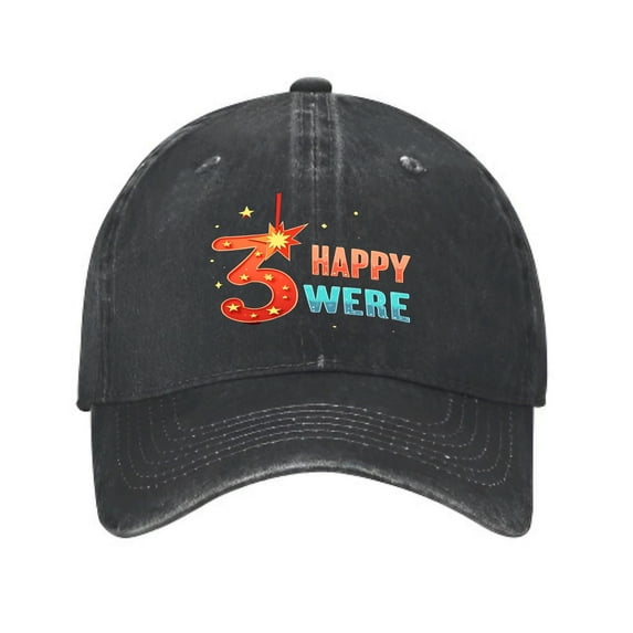 Vintage Cotton Washed Distressed Baseball Cap - Colorful Design with Red ' 3 ' ' HAPPY ' in Orange ' WERE ' in Blue - Perfect Golf Dad Hat for Men & Women