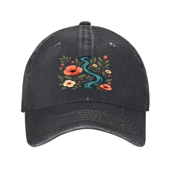 Vintage Cotton Washed Distressed Baseball Cap - Colorful Floral Design with Vibrant Flowers & Blue Stream - Adjustable Golf Dad Hat for Men & Women