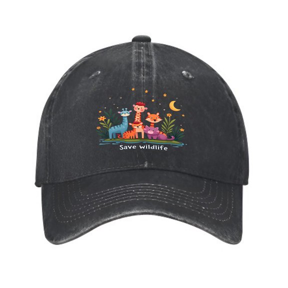Vintage Cotton Washed Distressed Baseball Cap - Colorful Giraffe Tiger Hippo & Blue Elephant Design with ' Save Wildlife ' Text Under Moon & Stars - Golf Dad Hat for Men & Women