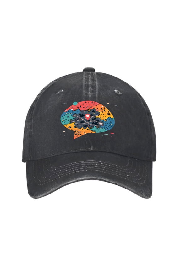 Vintage Cotton Washed Distressed Baseball Cap - Colorful Graphic Speech Bubble with Brain Design Abstract Patterns for Men & Women