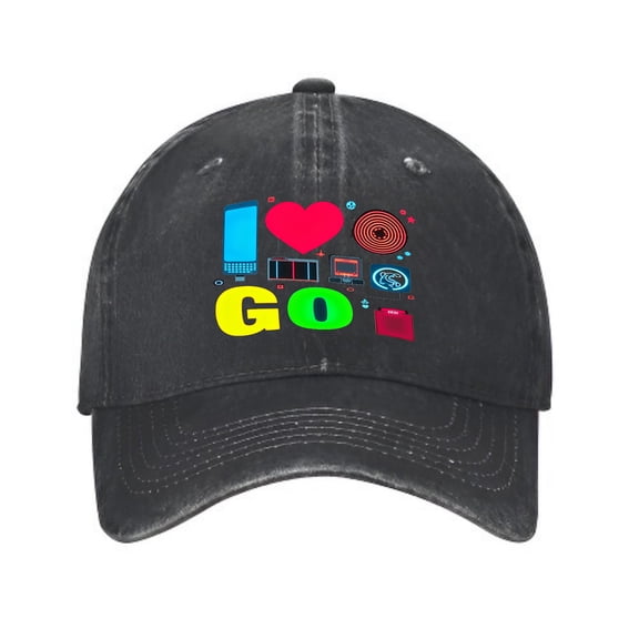 Vintage Cotton Washed Distressed Baseball Cap - Colorful ' I ❤️ GO ' Graphic Design with Abstract Shapes - Fun Golf Dad Hat for Men & Women