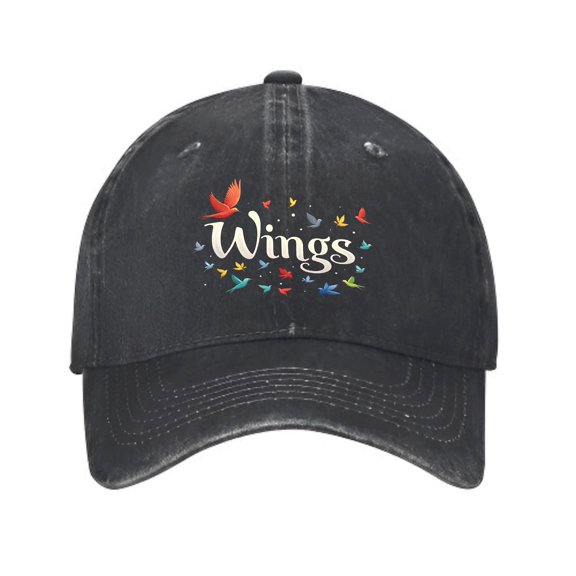 Vintage Cotton Washed Distressed Baseball Cap - Curved Brim Dad Hat with " Wings " in White Cursive Surrounded by Colorful Butterflies for Men & Women