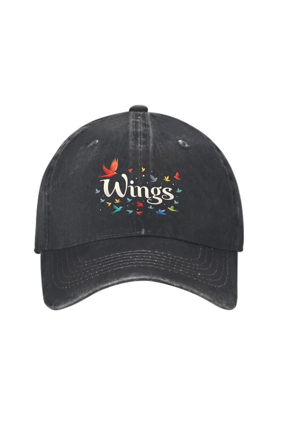 Vintage Cotton Washed Distressed Baseball Cap - Curved Brim Dad Hat with " Wings " in White Cursive Surrounded by Colorful Butterflies for Men & Women