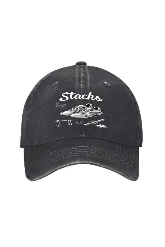 Vintage Cotton Washed Distressed Baseball Cap - Curved Brim Dad Hat for Men & Women with Stylish ' Stacks ' Cursive Design and Fun Illustrations