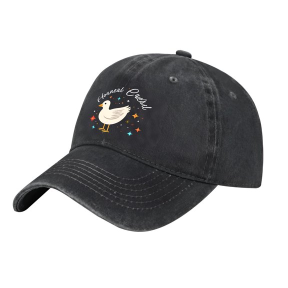 Vintage Cotton Washed Distressed Baseball Cap with Curved Brim Featuring White Duck Illustration Surrounded by Colorful Stars & ' Honneel Queard ' Text