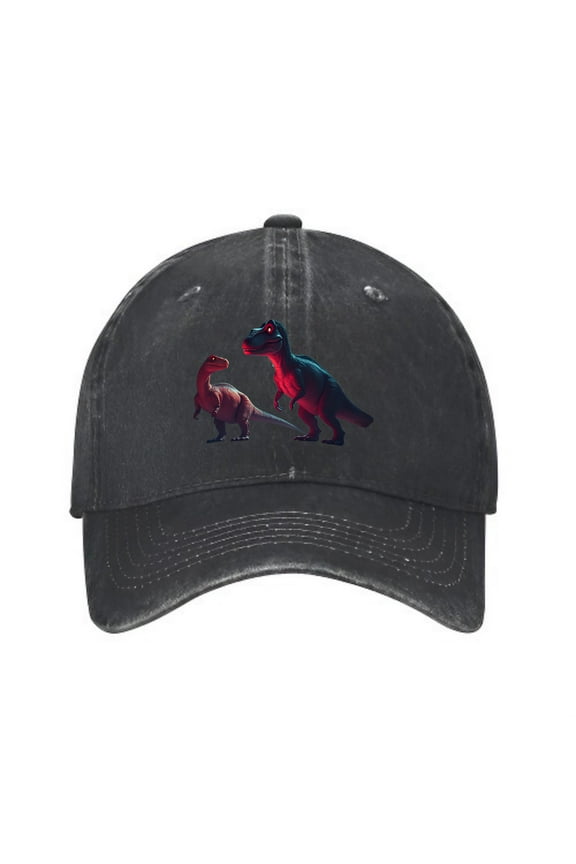 Vintage Cotton Washed Distressed Baseball Cap - Dad Hat with Red & Blue Stylized Dinosaurs Design for Men & Women