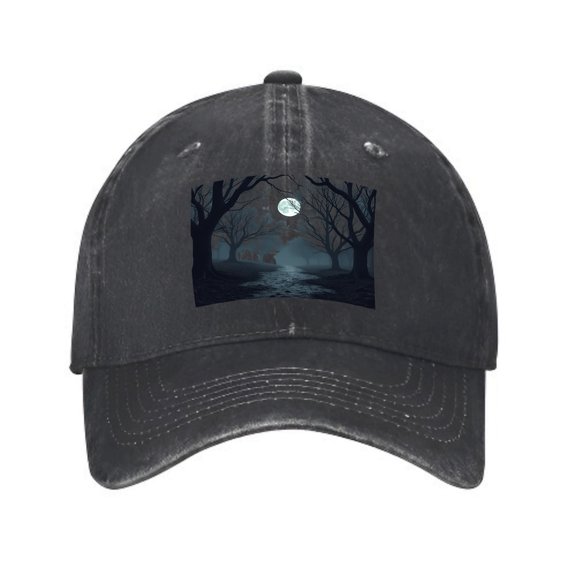 Vintage Cotton Washed Distressed Baseball Cap - Dark Blue & Black Nighttime Forest Scene with Moon & Stream - Unique Golf Dad Hat for Men & Women