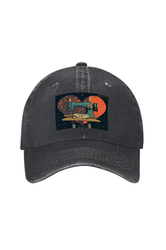 Vintage Cotton Washed Distressed Baseball Cap - Dark Dad Hat with Heart - Shaped Sewing Machine Patch & Orange - Black Patterns for Men & Women
