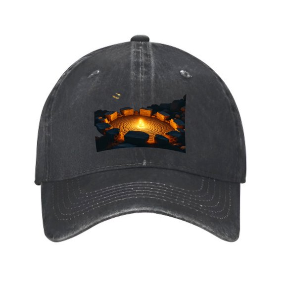 Vintage Cotton Washed Distressed Baseball Cap - Dark Dad Hat with Intricate Circular Stone Design and Glowing Fire Graphic for Men and Women