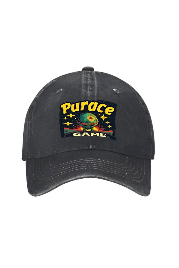 Vintage Cotton Washed Distressed Baseball Cap - Dark Graphic Design with ' Purace GAME ' in Bold Yellow Spaceship & Planet Pattern Curved Brim Dad Hat for Men & Women