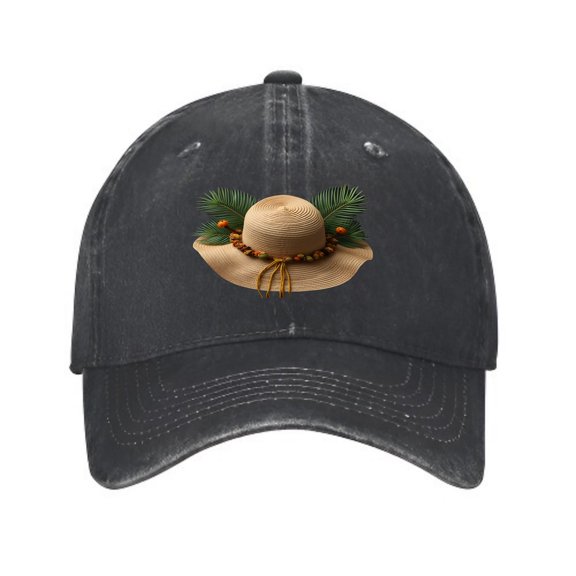 Vintage Cotton Washed Distressed Baseball Cap - Dark Gray with Textured Surface & Tropical Hat Design Palm Leaves & Orange - Golf Dad Hat for Men & Women