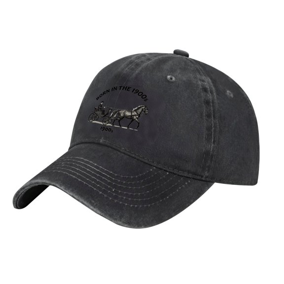 Vintage Cotton Washed Distressed Baseball Cap - Dark Gray with Horse - Drawn Carriage ' BORN IN THE 1900S ' Design Adjustable Fit