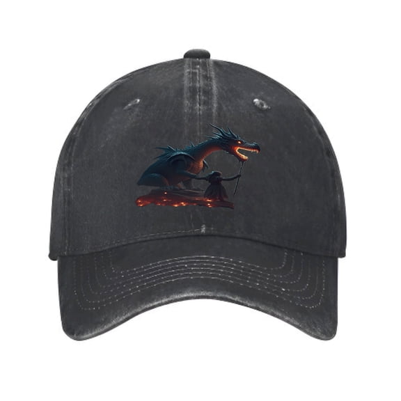 Vintage Cotton Washed Distressed Baseball Cap - Dark Gray with Roaring Dragon & Ember Silhouette Design - Golf Dad Hat for Men & Women