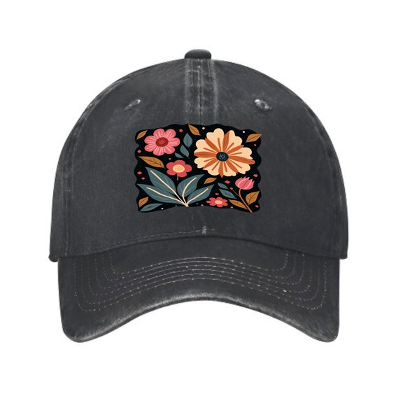 Vintage Cotton Washed Distressed Baseball Cap - Floral Design with Orange & Pink Flowers Green Leaves - Stylish Golf Dad Hat for Men & Women