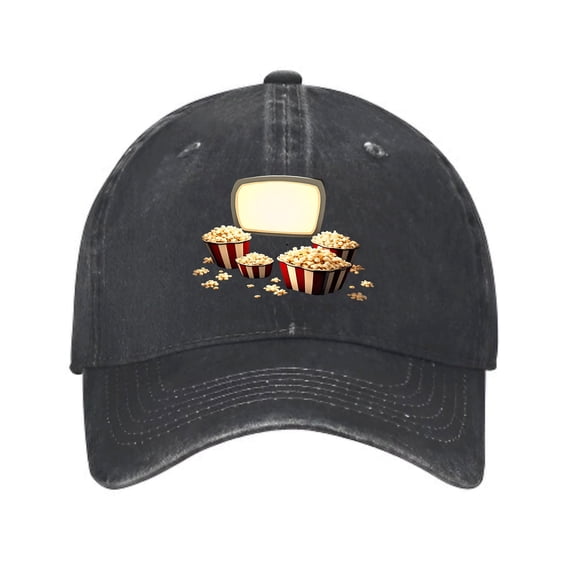 Vintage Cotton Washed Distressed Baseball Cap - Fun Popcorn Buckets & Retro TV Design Curved Brim Golf Dad Hat for Men & Women