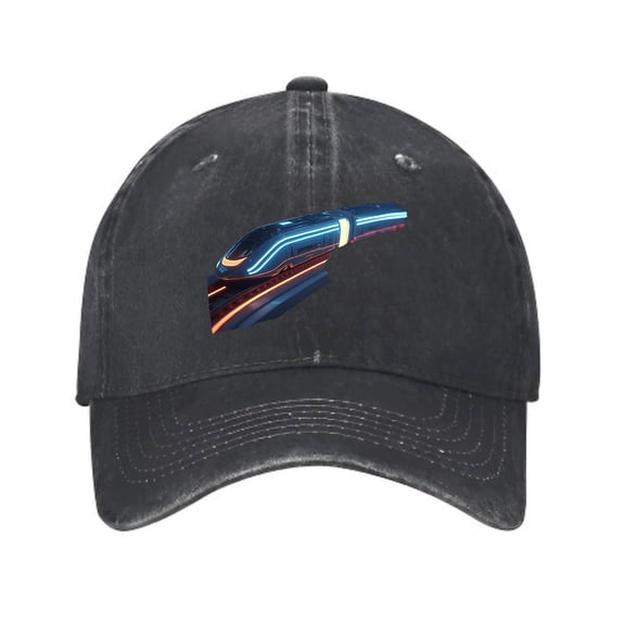 Vintage Cotton Washed Distressed Baseball Cap - Futuristic Blue & Orange Train Graphic Dad Hat for Men & Women