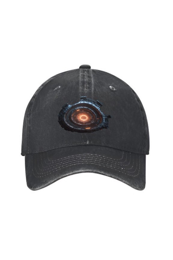 Vintage Cotton Washed Distressed Baseball Cap - Futuristic Circular Design with Glowing Orange Center Curved Brim Golf Dad Hat for Men & Women
