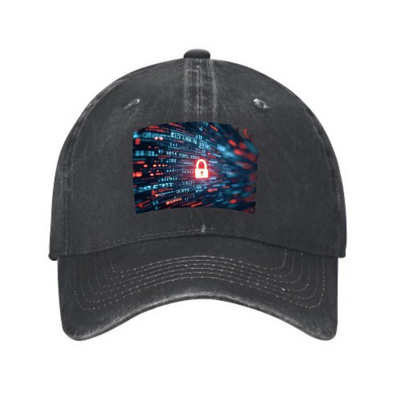 Vintage Cotton Washed Distressed Baseball Cap - Futuristic Digital Design with Scrolling Data Streams & Red Lock Symbol - Stylish Golf Dad Hat for Men & Women