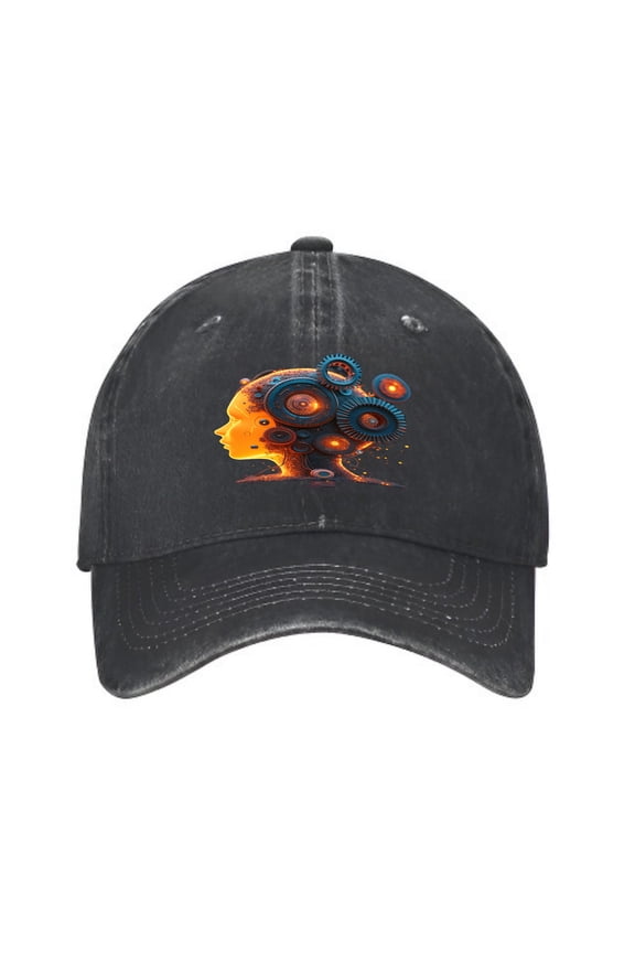 Vintage Cotton Washed Distressed Baseball Cap - Futuristic Human Profile Graphic with Gears in Orange Yellow and Blue - Stylish Golf Dad Hat for Men and Women