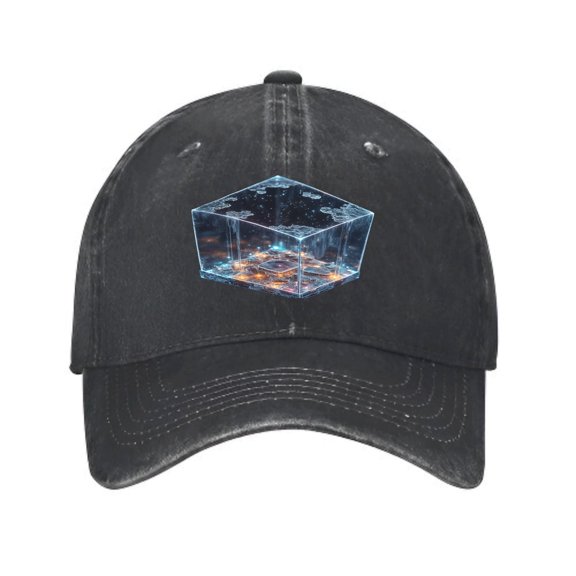 Vintage Cotton Washed Distressed Baseball Cap - Futuristic Transparent Cube Design with Glowing Orange & Blue Elements - Adjustable Golf Dad Hat for Men & Women