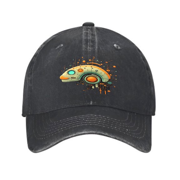 Vintage Cotton Washed Distressed Baseball Cap - Futuristic Vehicle Graphic with Orange & Teal Accents Artistic Splashes Adjustable Dad Hat for Men & Women