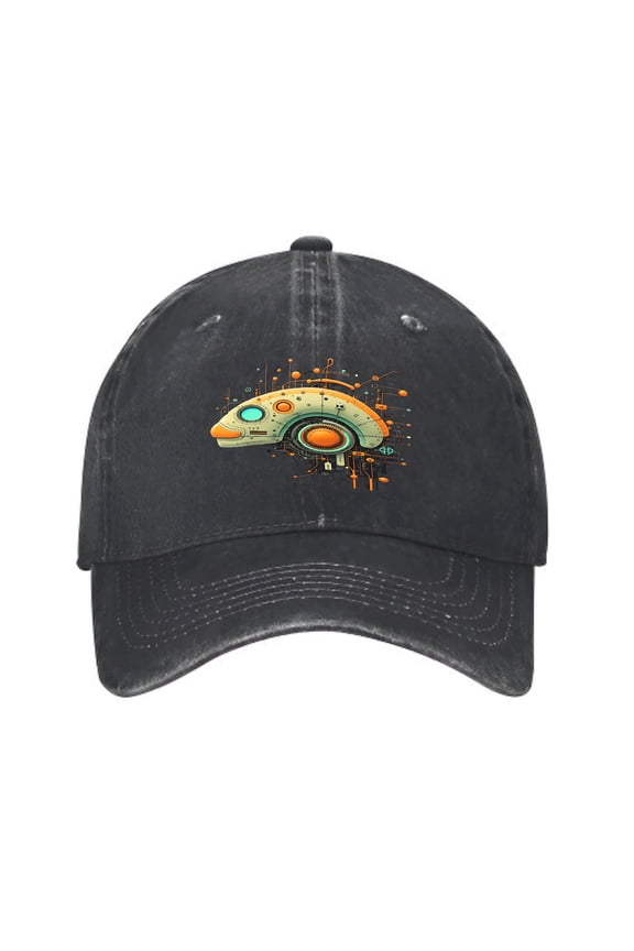 Vintage Cotton Washed Distressed Baseball Cap - Futuristic Vehicle Graphic with Orange & Teal Accents Artistic Splashes Adjustable Dad Hat for Men & Women