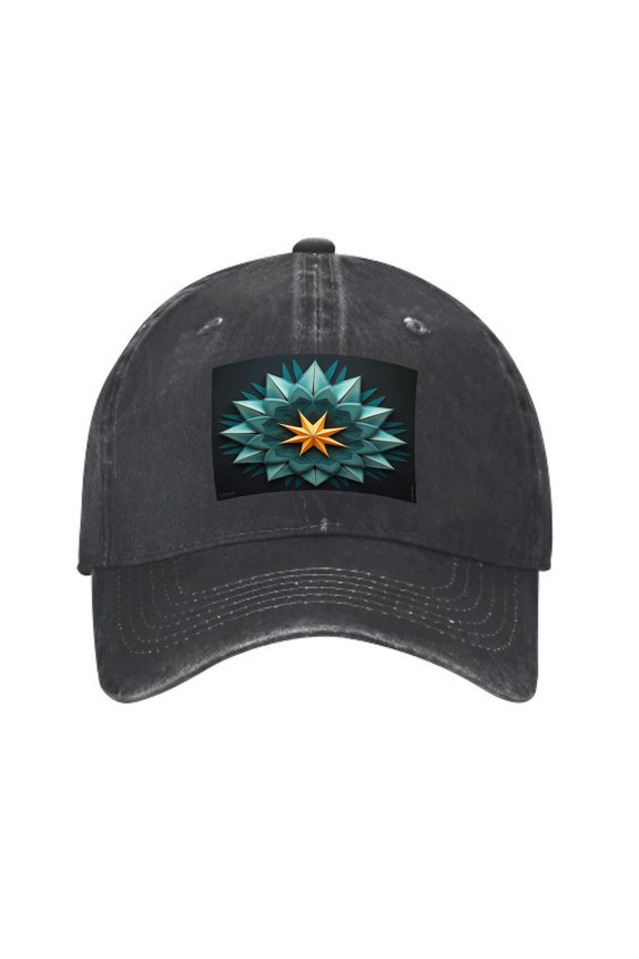 Vintage Cotton Washed Distressed Baseball Cap - Geometric Star Patch Design Teal & Blue Shapes Curved Bill Golf Dad Hat for Men & Women
