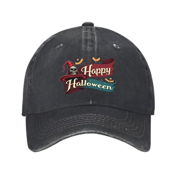 Vintage Cotton Washed Distressed Baseball Cap - Happy Halloween Design with Bats Unisex Golf Dad Hat for Men & Women