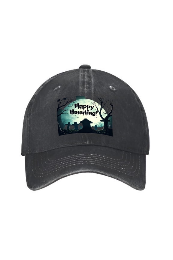 Vintage Cotton Washed Distressed Baseball Cap - Haunted Cemetery Design with Full Moon & Tombstones " Happy Haunting " Graphic Dad Hat for Men & Women