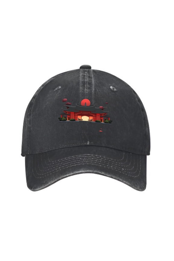Vintage Cotton Washed Distressed Baseball Cap - Japanese Building Graphic with Red Roof & Lanterns Golf Dad Hat for Men & Women
