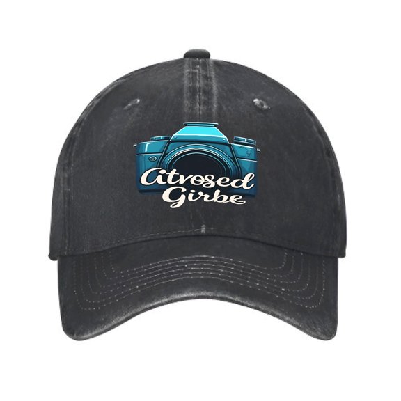 Vintage Cotton Washed Distressed Baseball Cap Like Texture Blue Camera Graphic & ' Citroed Girbe ' Cursive Text - Stylish Golf Dad Hat for Men & Women