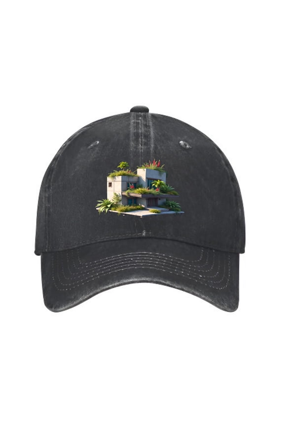 Vintage Cotton Washed Distressed Baseball Cap - Modern Greenery Building Design Flat Roof & Rectangular Windows Curved Brim Unisex Golf Dad Hat