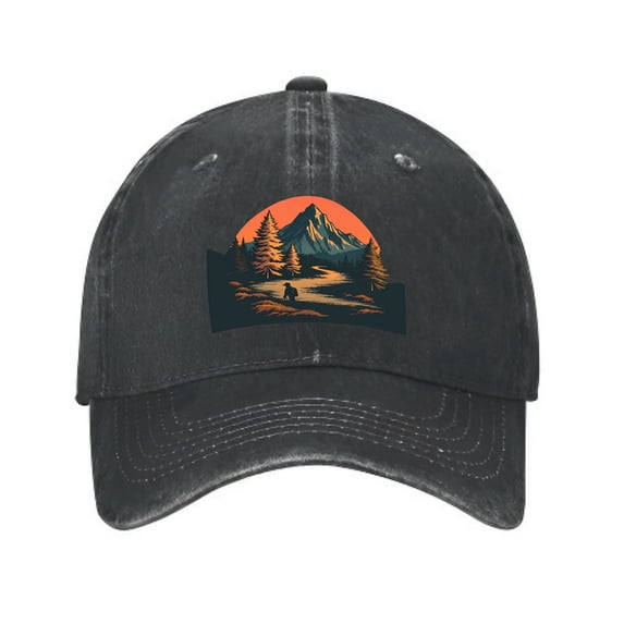 Vintage Cotton Washed Distressed Baseball Cap - Mountain Landscape Design with Pine Trees & River Orange Sun - Golf Dad Hat for Men & Women