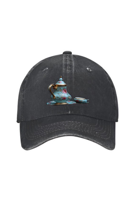 Vintage Cotton Washed Distressed Baseball Cap - Ornate Blue & Gold Teapot Design with Red Floral Patterns - Stylish Golf Dad Hat for Men & Women