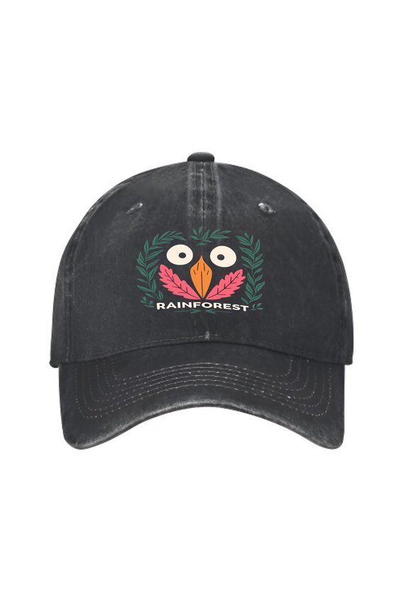 Vintage Cotton Washed Distressed Baseball Cap - Owl Face with Green & Pink Leaves ' RAINFOREST ' Text - Stylish Golf Dad Hat for Men & Women