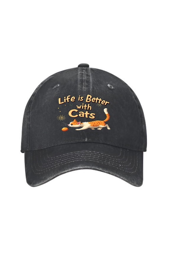 Vintage Cotton Washed Distressed Baseball Cap - Playful Cartoon Cat Design with " Life is Better with Cats " Text - Adjustable Dad Hat for Men & Women