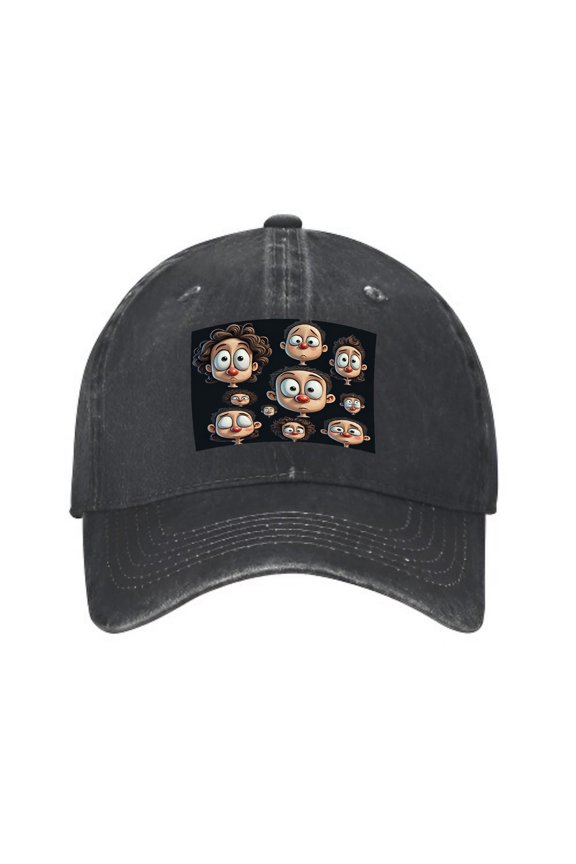 Vintage Cotton Washed Distressed Baseball Cap - Playful Cartoon Faces Design Unique Pattern for Men & Women