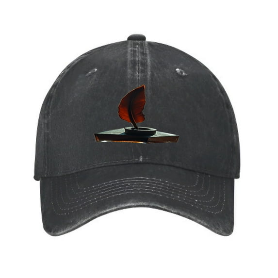 Vintage Cotton Washed Distressed Baseball Cap - Quill Pen & Feather Design Stylish Golf Dad Hat for Men & Women