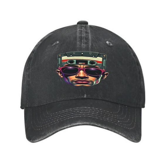 Vintage Cotton Washed Distressed Baseball Cap - Retro Dad Hat with Colorful Cassette Tape Graphic & Sunglasses Design for Men & Women