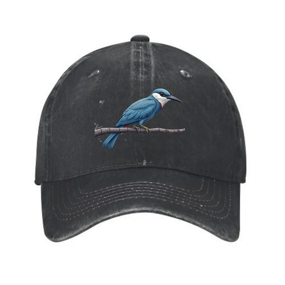 Vintage Cotton Washed Distressed Baseball Cap - Rugged Black Dad Hat with Vibrant Blue Bird Illustration on Branch for Men & Women