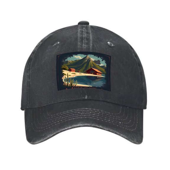 Vintage Cotton Washed Distressed Baseball Cap - Scenic Mountain Landscape Patch Snow - Capped Cabin Design Perfect Golf Dad Hat for Men & Women