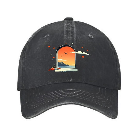 Vintage Cotton Washed Distressed Baseball Cap - Scenic Sunset Arched Window Design with Mountains Clouds & Birds - Golf Dad Hat for Men & Women