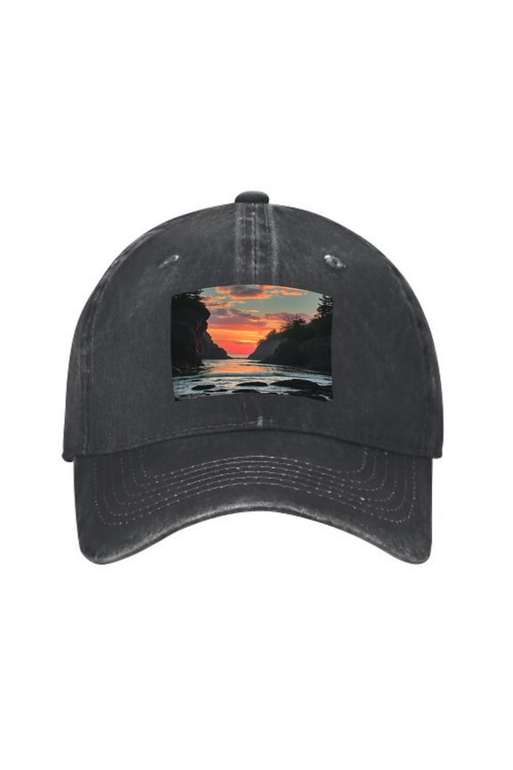 Vintage Cotton Washed Distressed Baseball Cap - Scenic Sunset River Design Dad Hat for Men & Women Tranquil Nature Patch