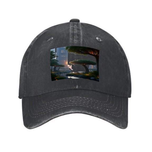 Vintage Cotton Washed Distressed Baseball Cap - Serene Garden Dusk Scene with Tree Stream & House - Golf Dad Hat for Men & Women