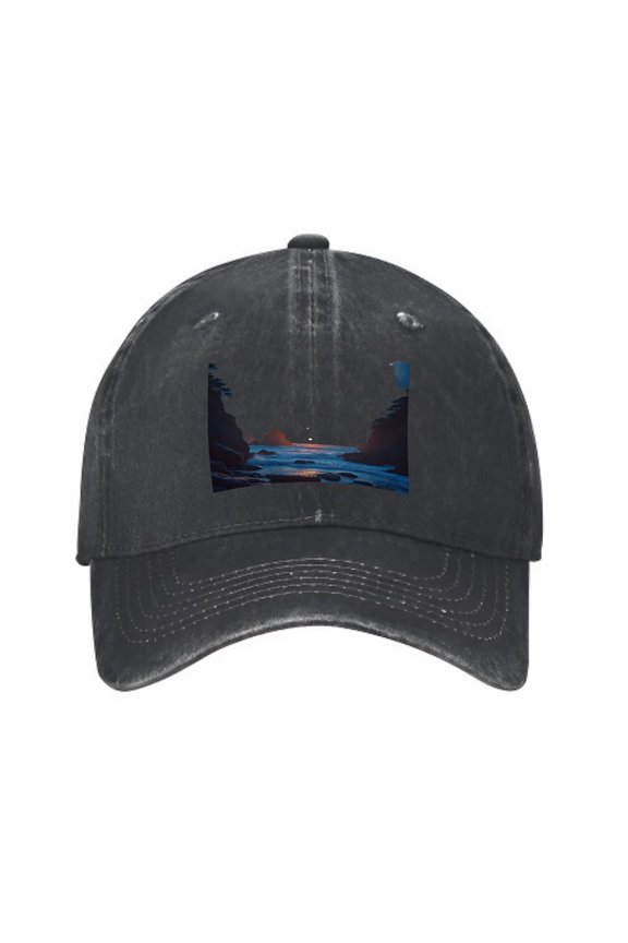 Vintage Cotton Washed Distressed Baseball Cap - Serene Landscape Design with River & Moon Perfect Golf Dad Hat for Men & Women