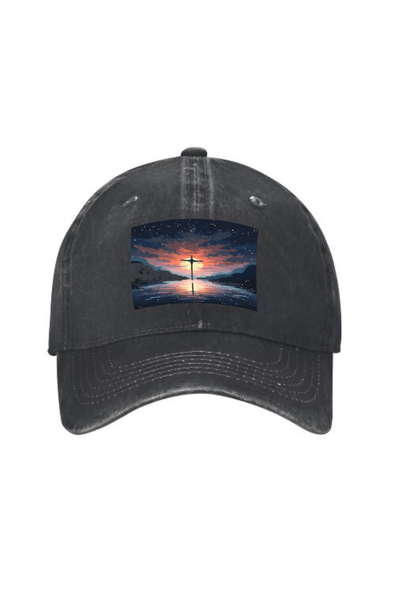 Vintage Cotton Washed Distressed Baseball Cap - Serene Landscape Patch with Cross Sky Design for Men & Women