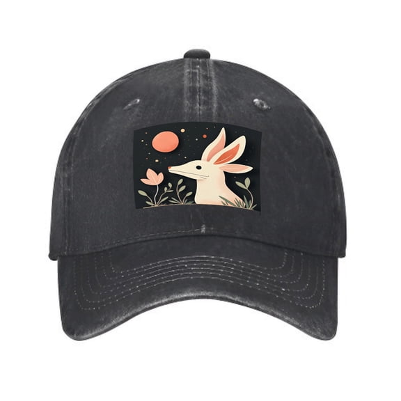 Vintage Cotton Washed Distressed Baseball Cap - Serene Rabbit Moon Design Dad Hat for Men & Women