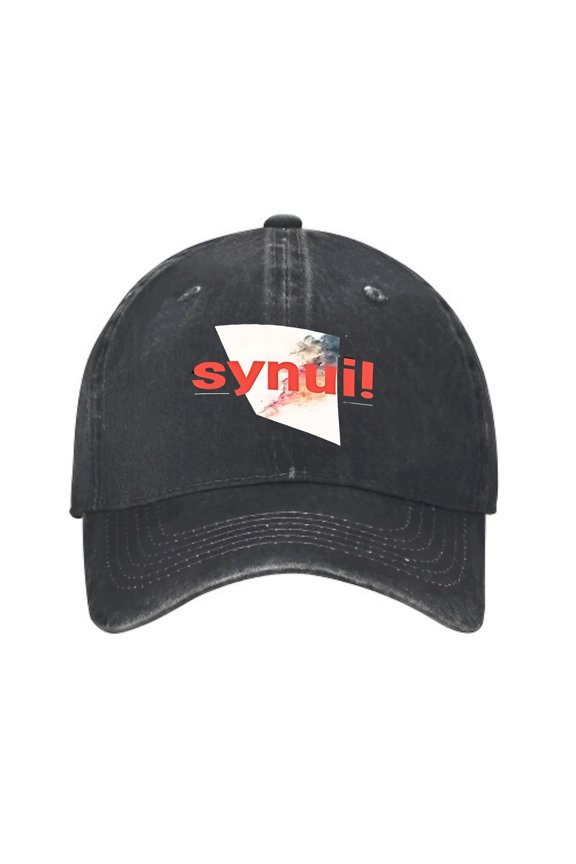 Vintage Cotton Washed Distressed Baseball Cap - Stylish Black Dad Hat with Bold Red ' synui ' Graphic Design and Colorful Abstract Background for Men and Women