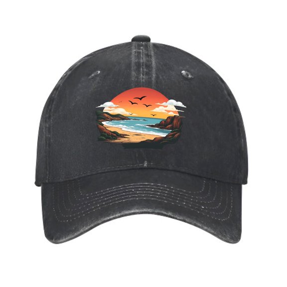 Vintage Cotton Washed Distressed Baseball Cap - Sunset Beach Scene Graphic Orange & Yellow Sky Ocean & Cliffs Design Perfect Golf Dad Hat for Men & Women